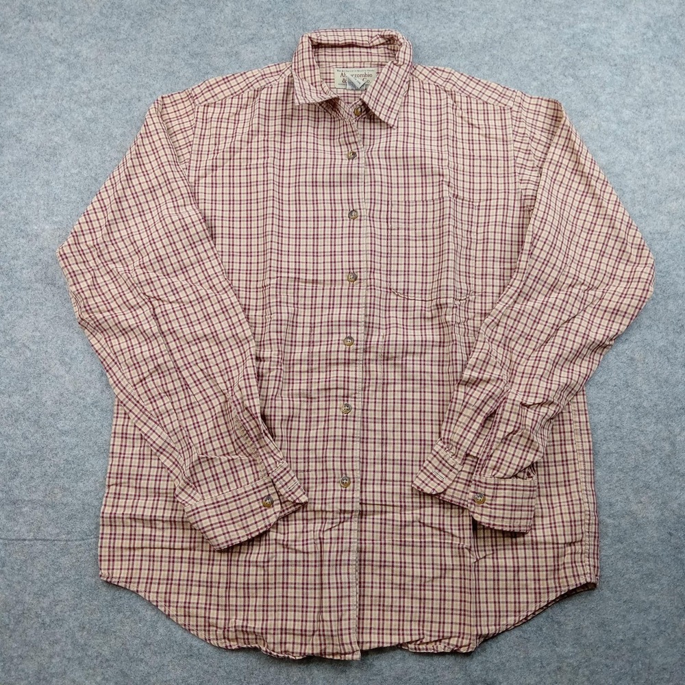 Abercrombie Fitch‎ Shirt Mens Large Tan Burgundy Plaid Button Down Cotton